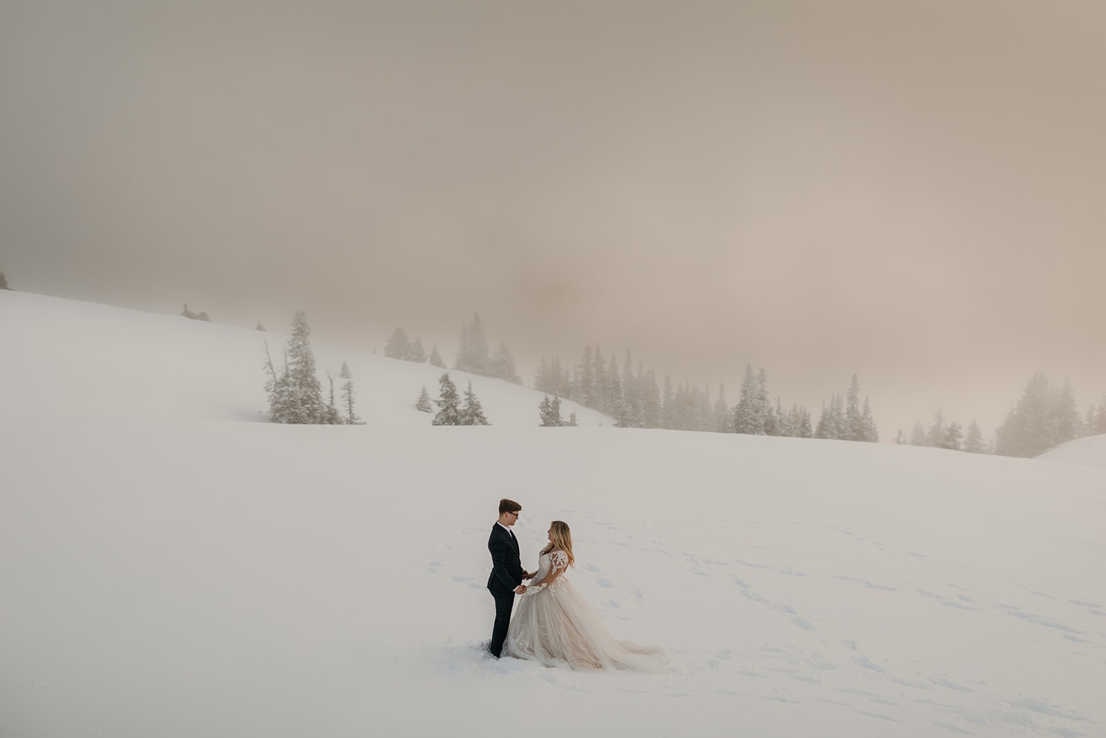 A couple stands in the snow on Hurrincane Ridge on their wedding day.