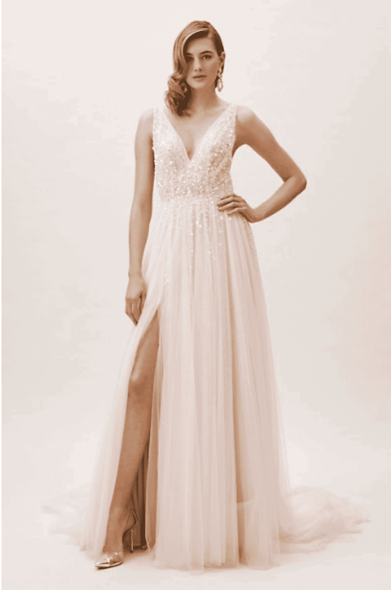 A woman in a wedding dress from the BHLDN website