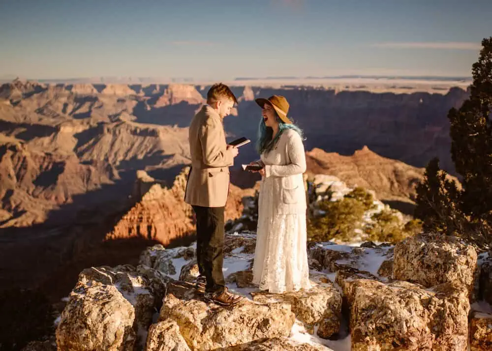 A couple shares their vows privately in the Grand Canyon.