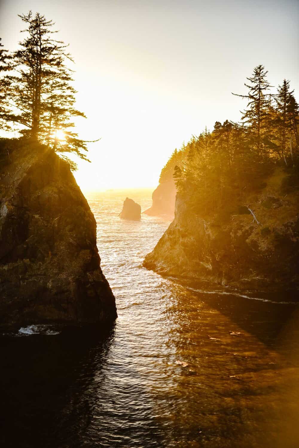 The ocean along the Oregon coast at sunset.
