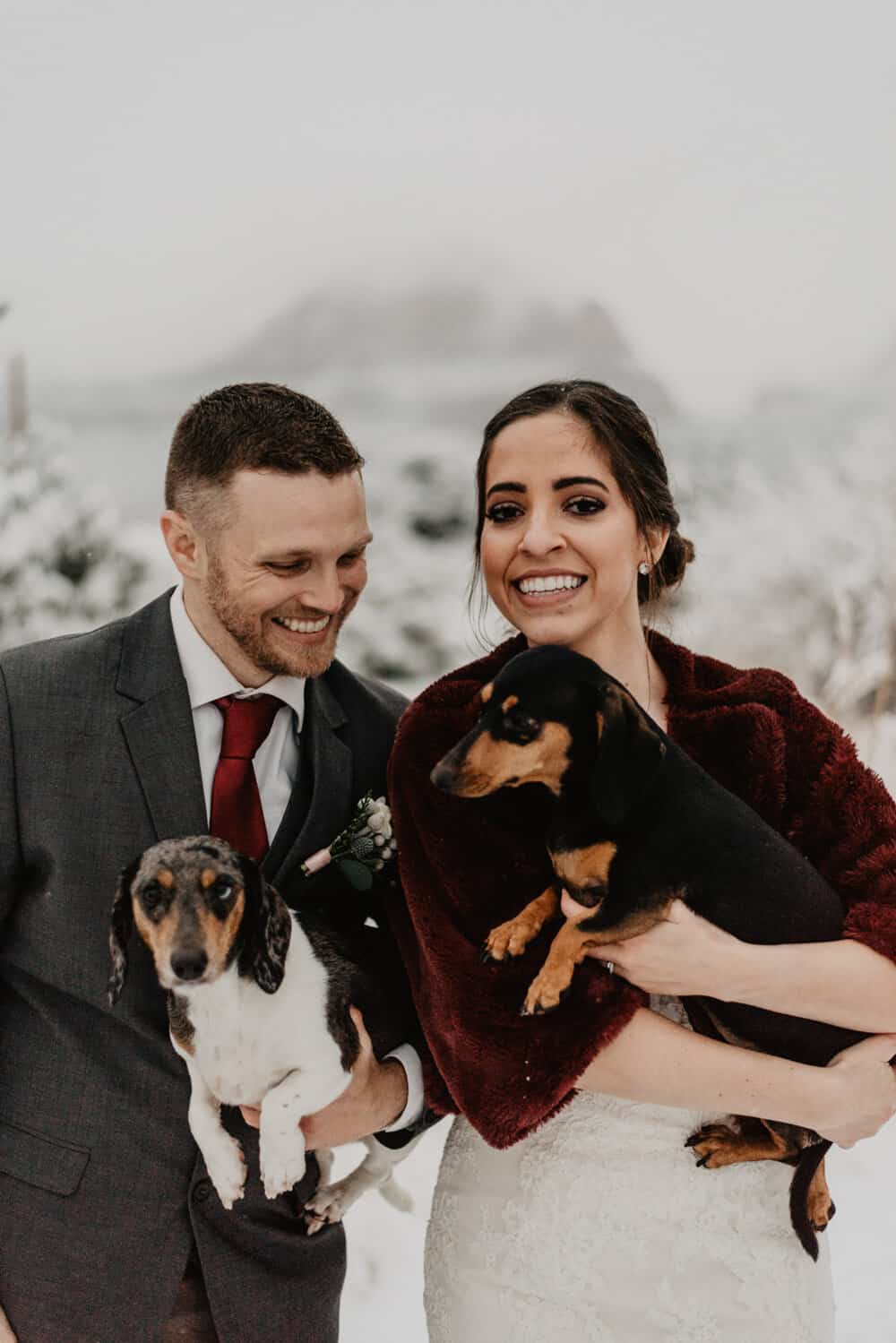 A couple poses for a photo in the snow with their dogs.