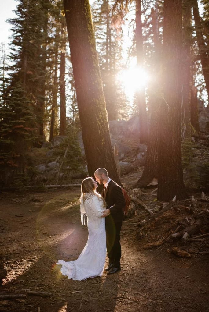 A couple shares a kiss in the forest.