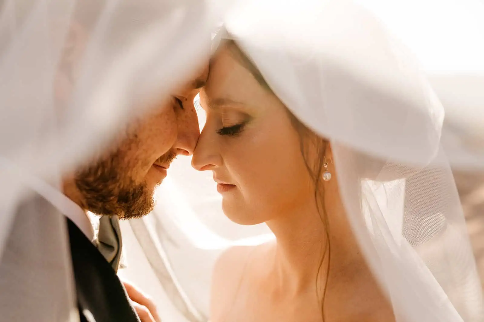 A close detail photograph of a bride and groom under the brides veil.
