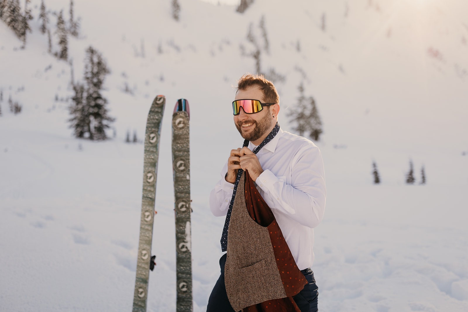 A groom gets ready for his wedding that he skied into.