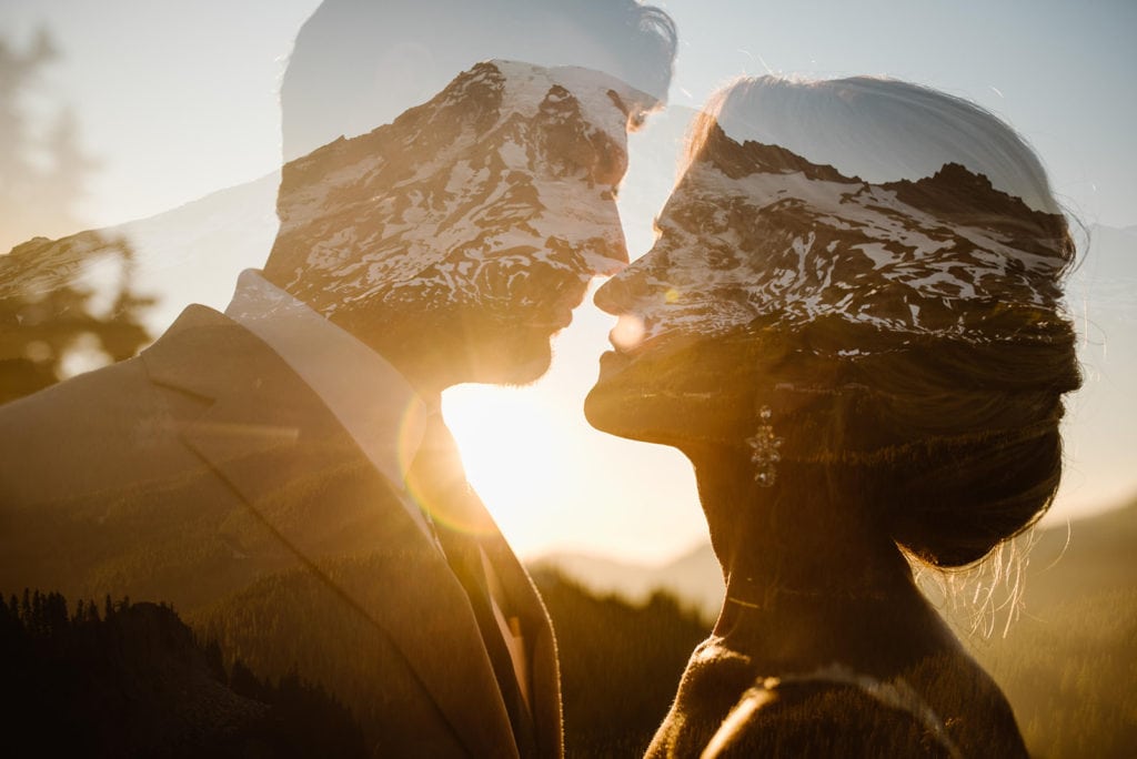 a double exposure of a couple's heads and mt rainier.