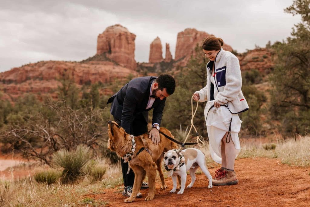 A groom pets his dog at this first look with his soon to be wife.