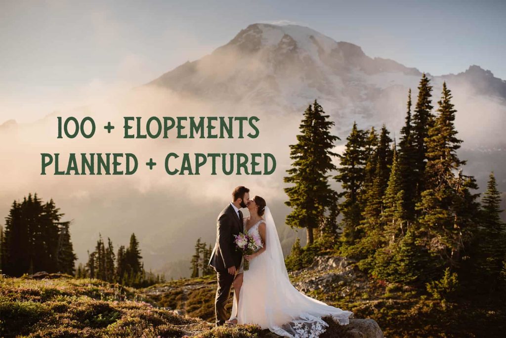 text reads "100+ elopements planned and captured" on top of a photo of a couple kissing in wedding attire, standing in front of a snowy mountain.