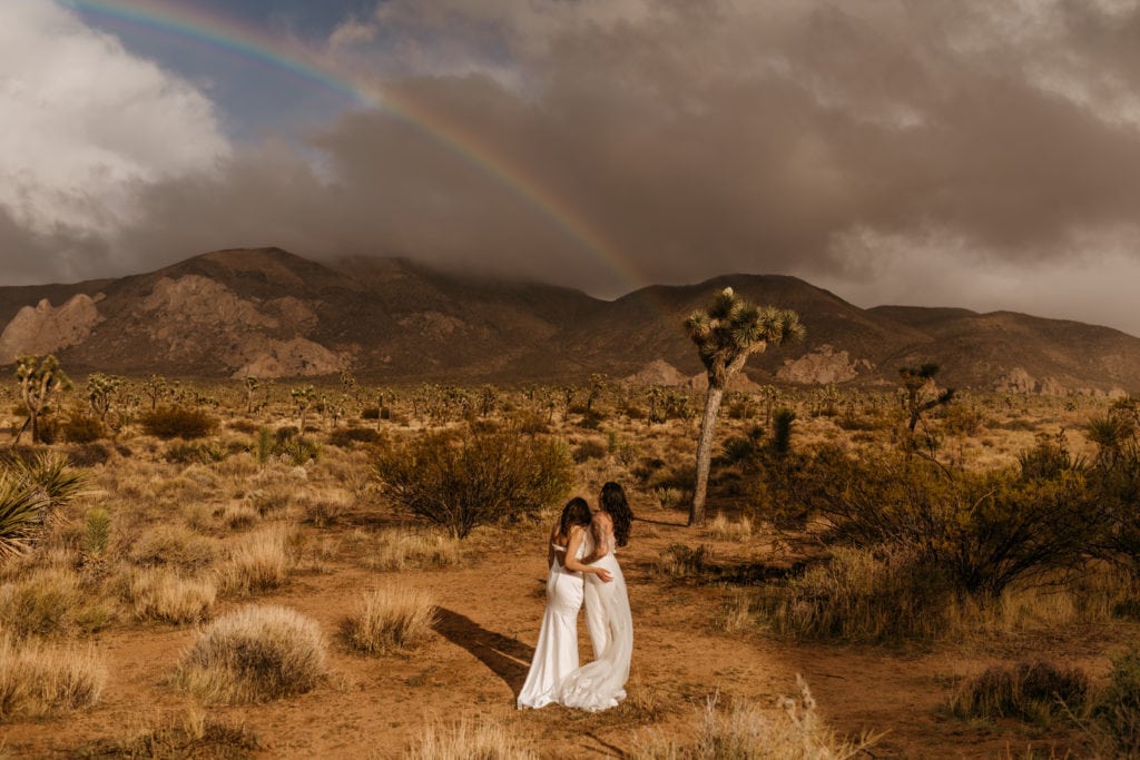 Two brides look at a rainbow that appeared behind them in Joshua Tree.