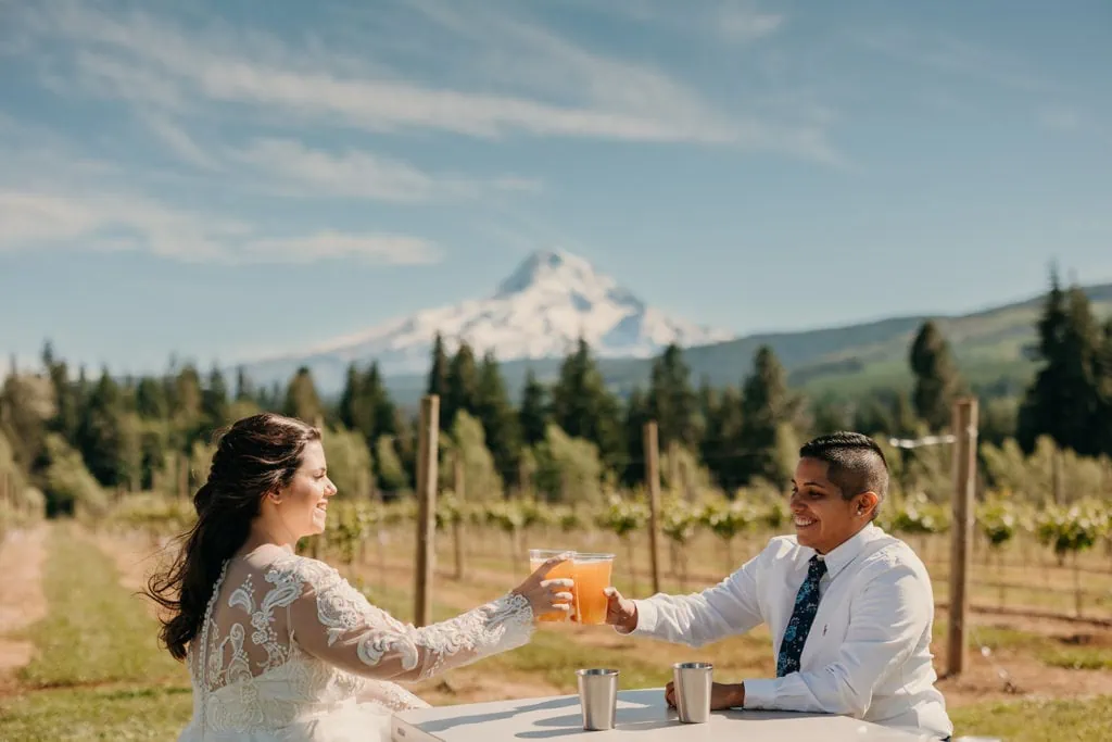 Two brides cheers their beer together on their wedding day at a winery with mountain views. 