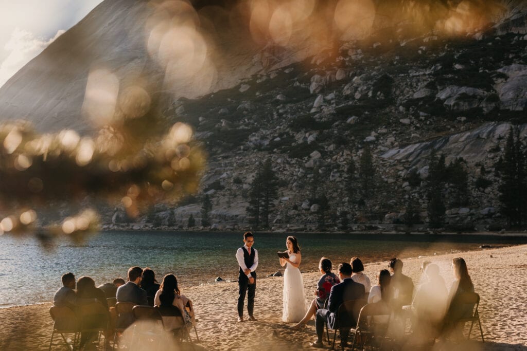 A far away view of the wedding ceremony in Yosemite National Park. 