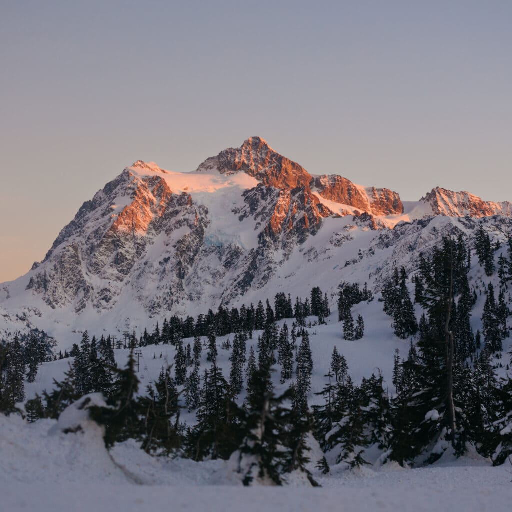 A snowy mountain with alpine glow on it during sunset.