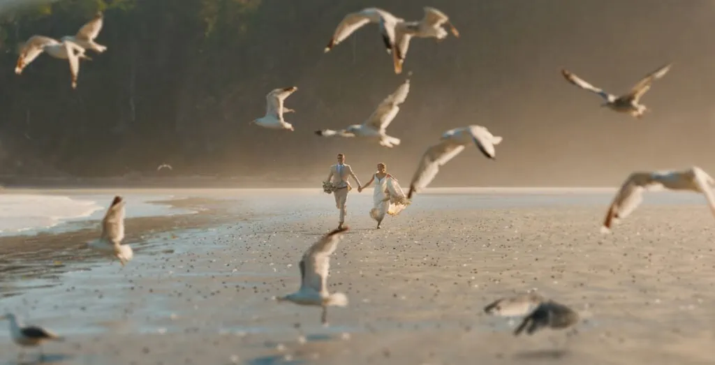 A couple runs on the beach as birds are flying around them.