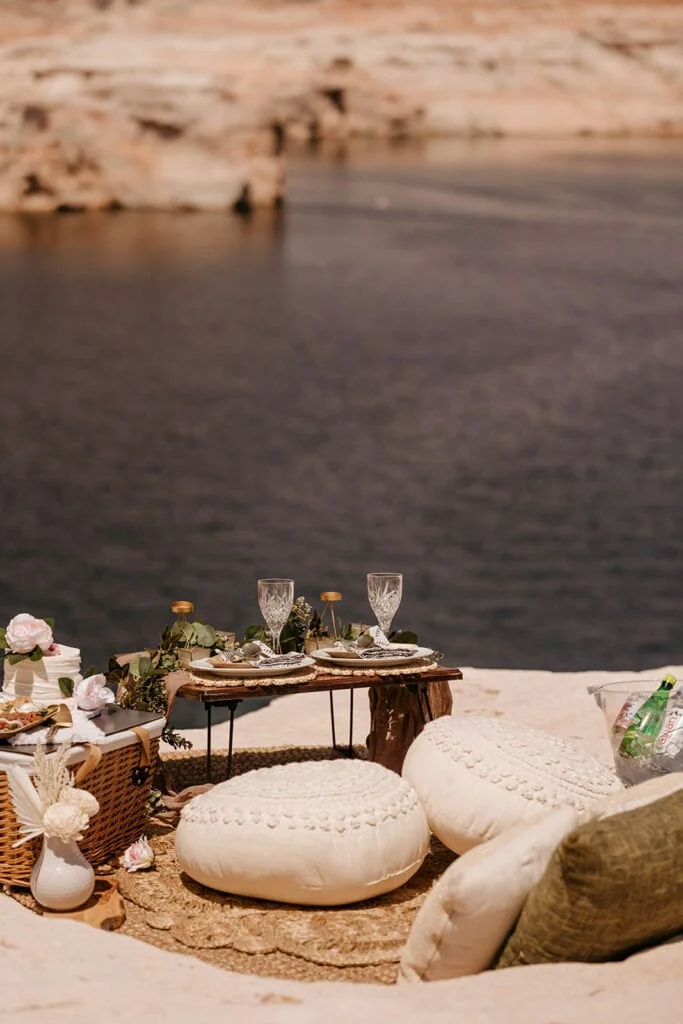 A picnic set up overlooking the lake.