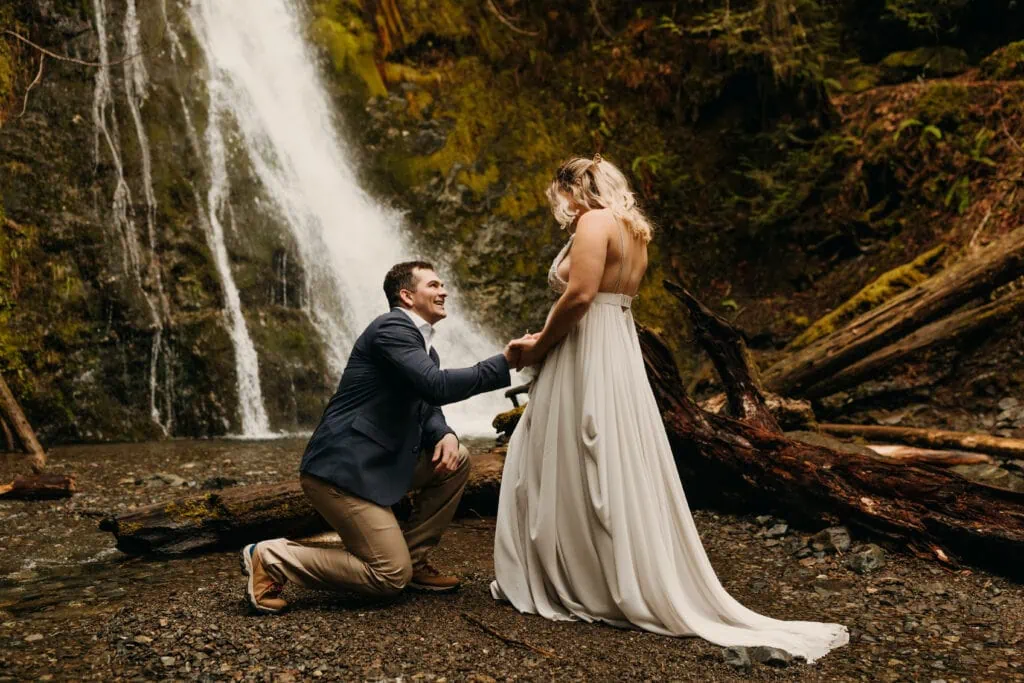 A man gets down on one knee to propose at a waterfall.