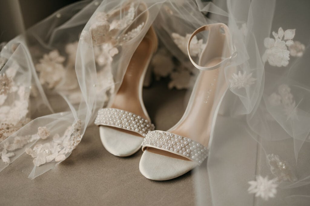 A detail photo of the brides shoes.