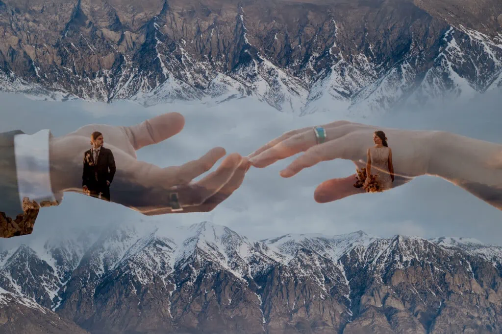 A abstract image of mountains, a couple's hands and them on their wedding day.