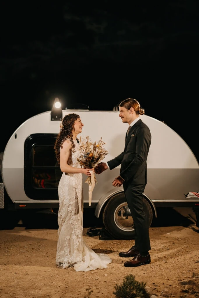 The couple shares a first look together before eloping in Bishop, CA.