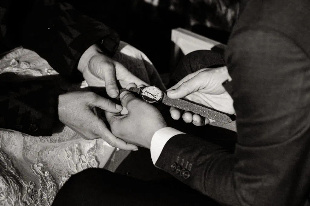 A detail photo of the watch the bride gifted the groom during the ceremony.