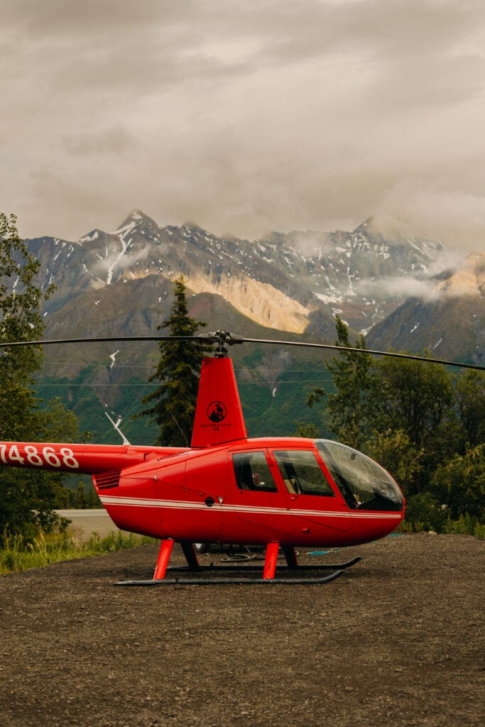 Private helicopter ride option from a small wedding venue in Alaska.