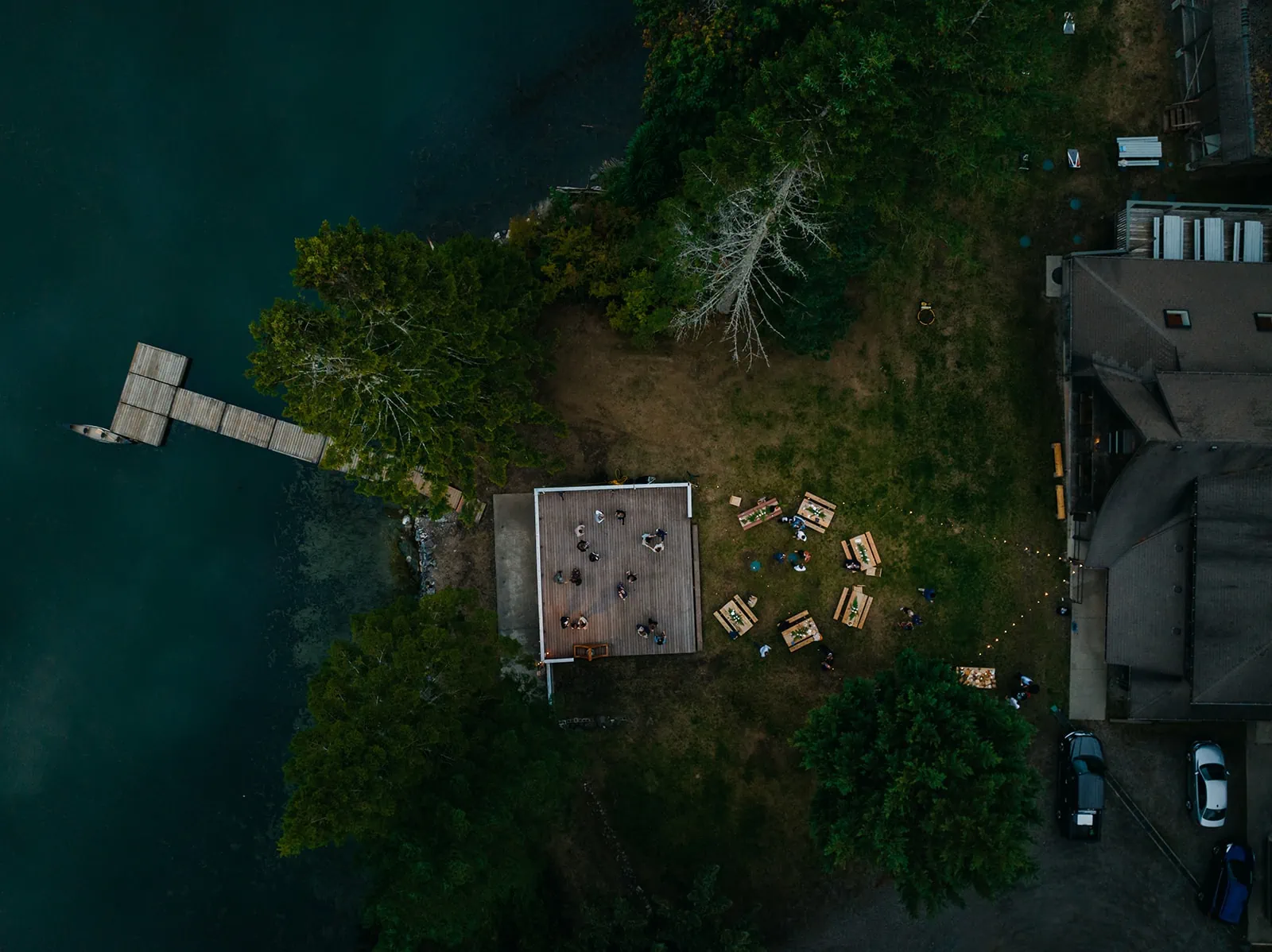 A drone photo of an elopement reception.