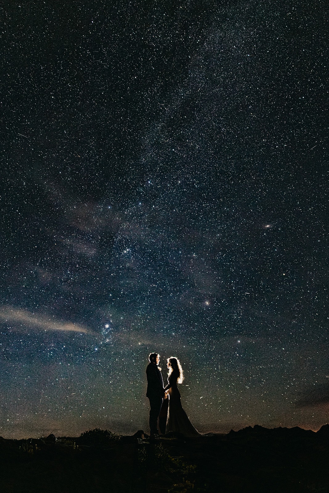 The couple stands for a portrait with the milky way.