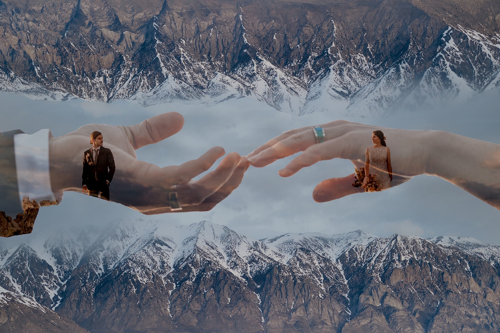 A creative picture of an eloping couple in the mountains.