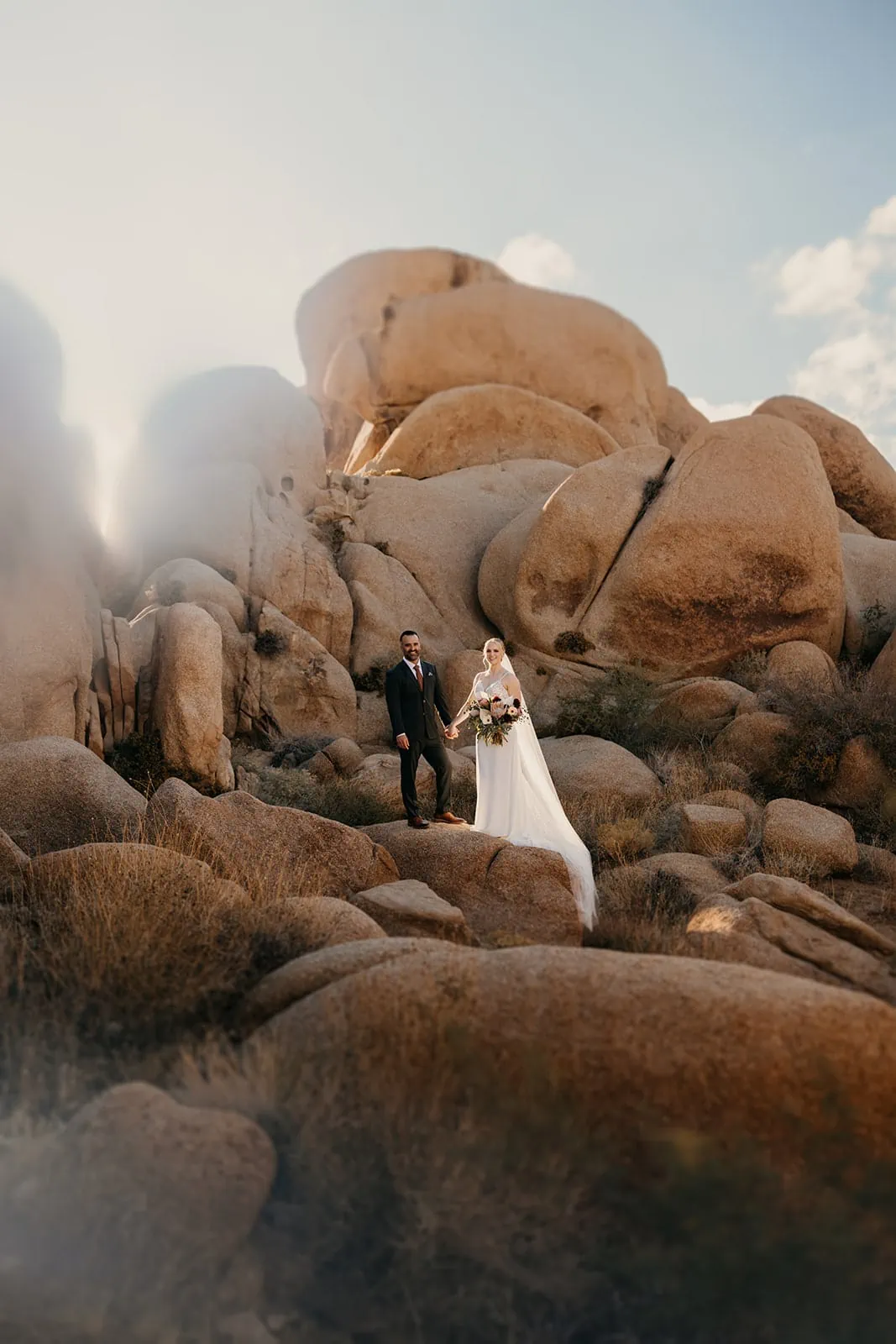A couple stands on rocks in Joshua Tree National Park for a portrait in their wedding attire.