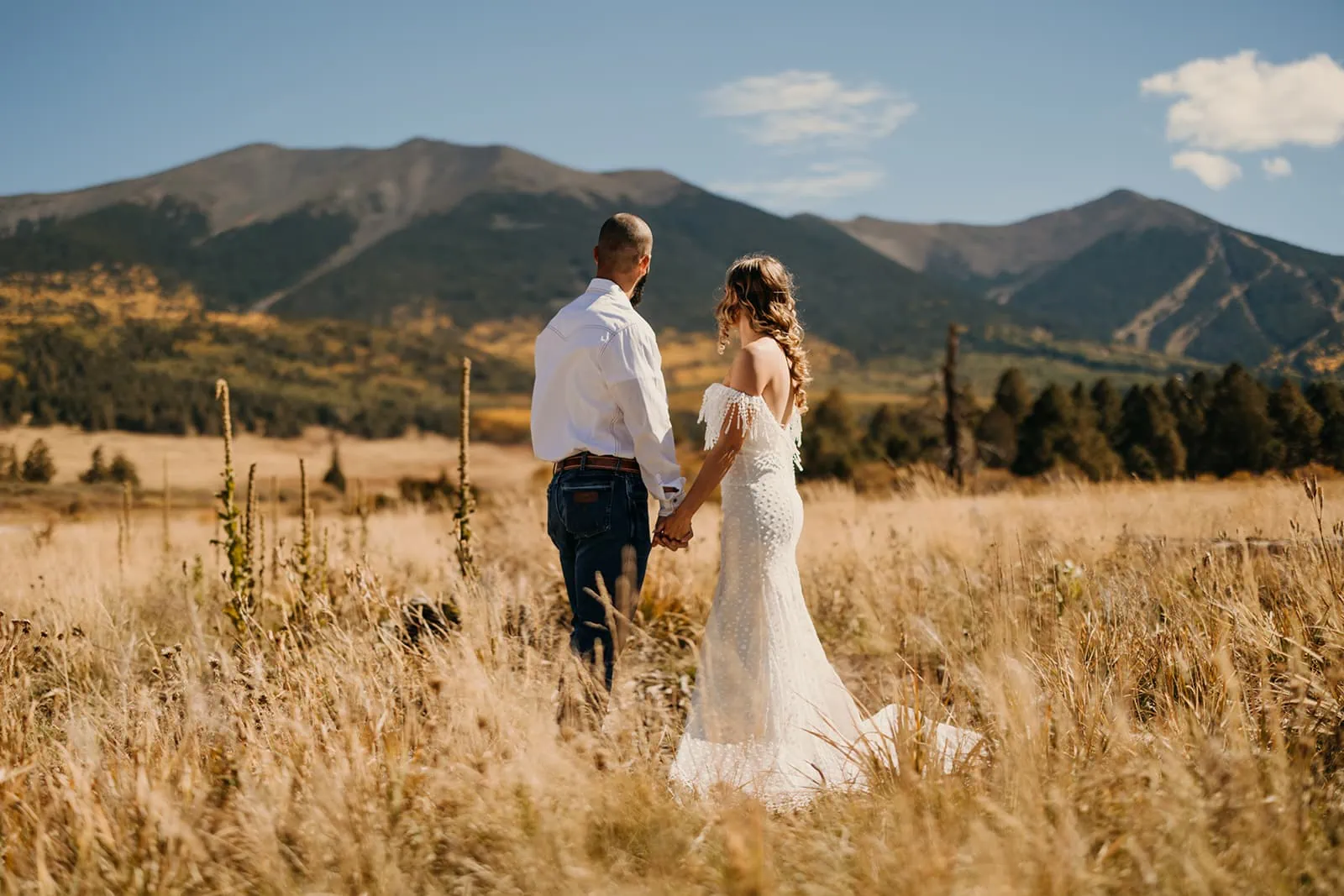 A couple looks towards Mt Humpfreys in Flagstaff after reading their vows.