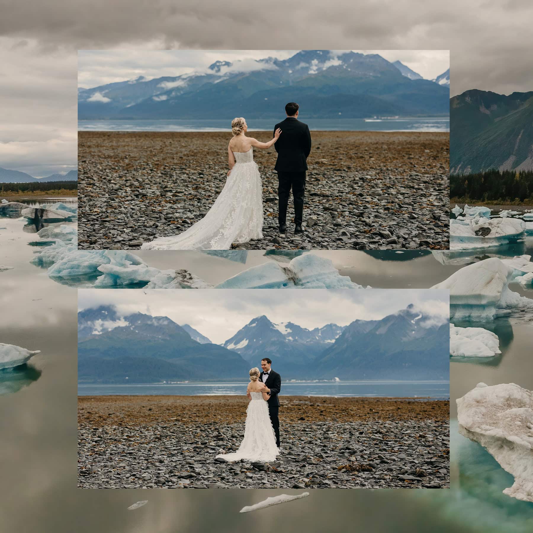 One marrier taps their partner on the shoulder for a first look along a shoreline with mountains and floating icebergs in the distance.