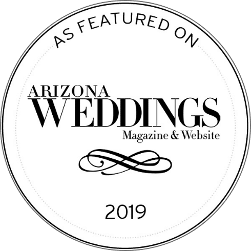 Badge that says "As Featured On Arizona Weddings Magazine & Website. 2019."