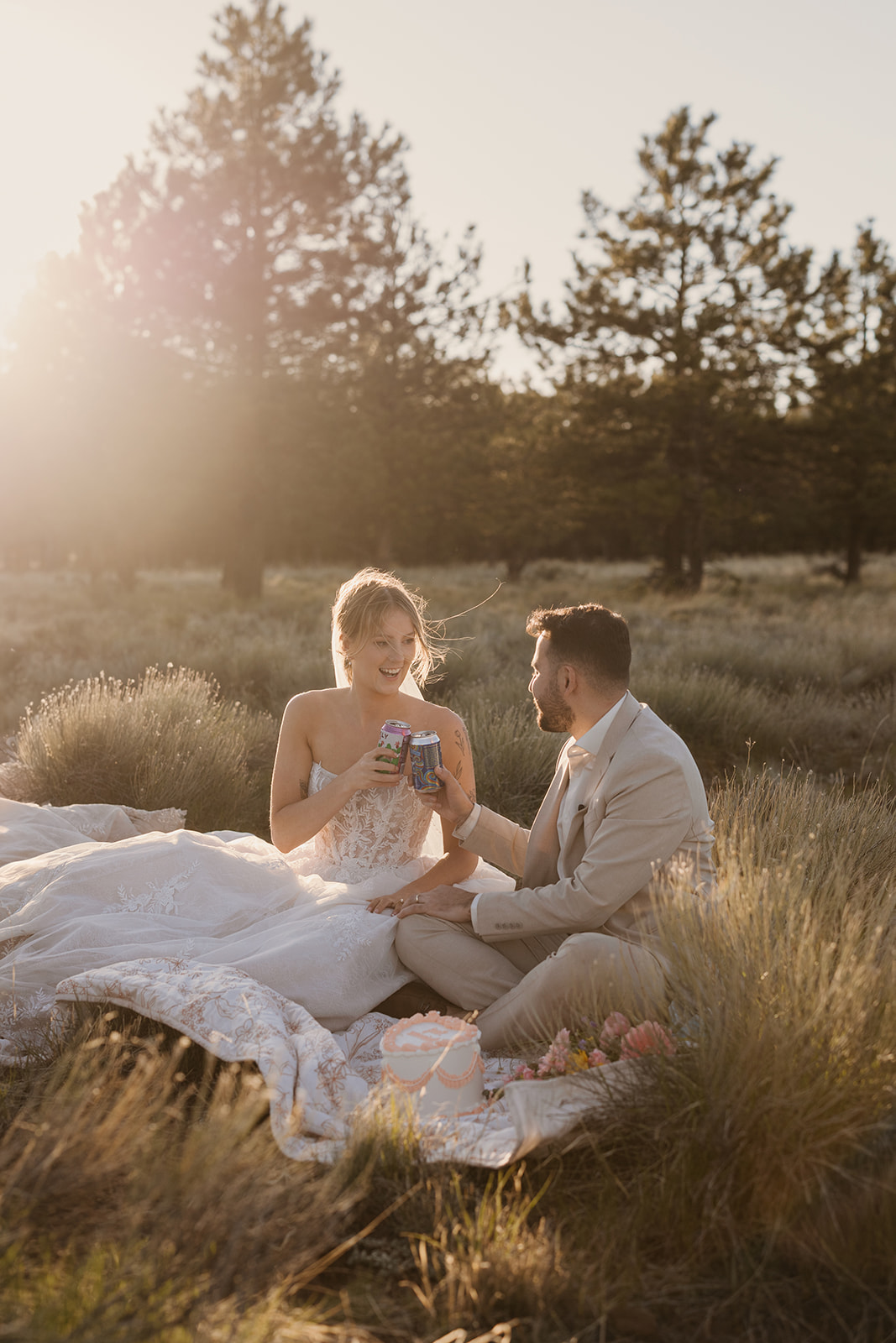 A couple cheers with their beers to celebrate their union. 