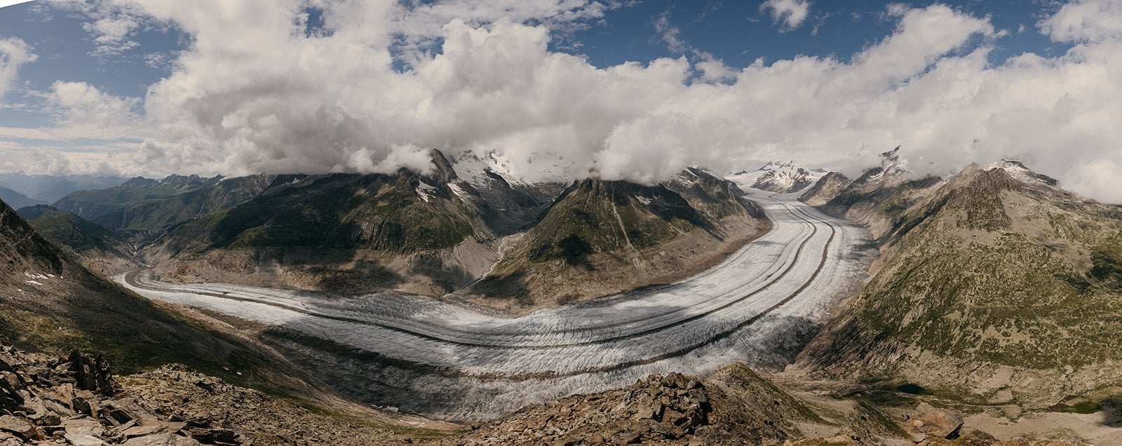 A view of glaciers and mountains in Switzerland.