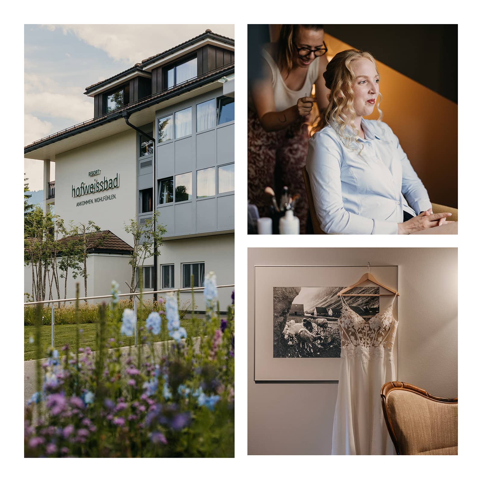 A bride gets ready in a hotel in Appenzell.