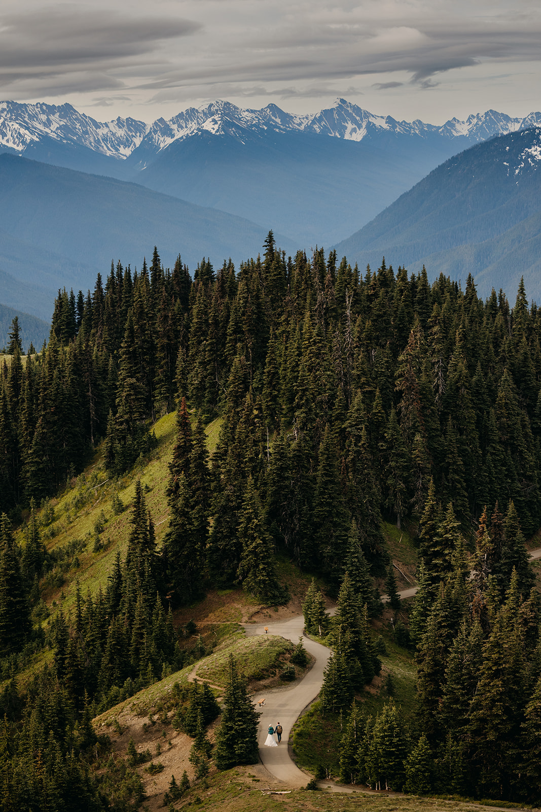 A far away image of a wedding couple with the mountains in the background and a trail leading to them